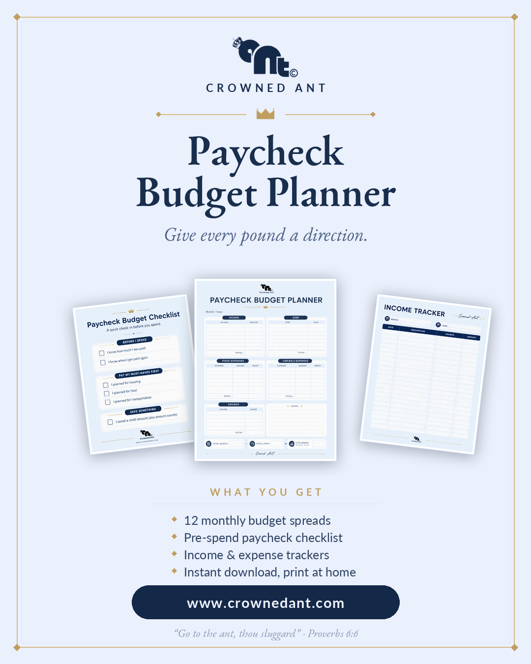 Crowned Ant Paycheck Budget Planner Printable PDF | Budget, Expense & Savings Tracker