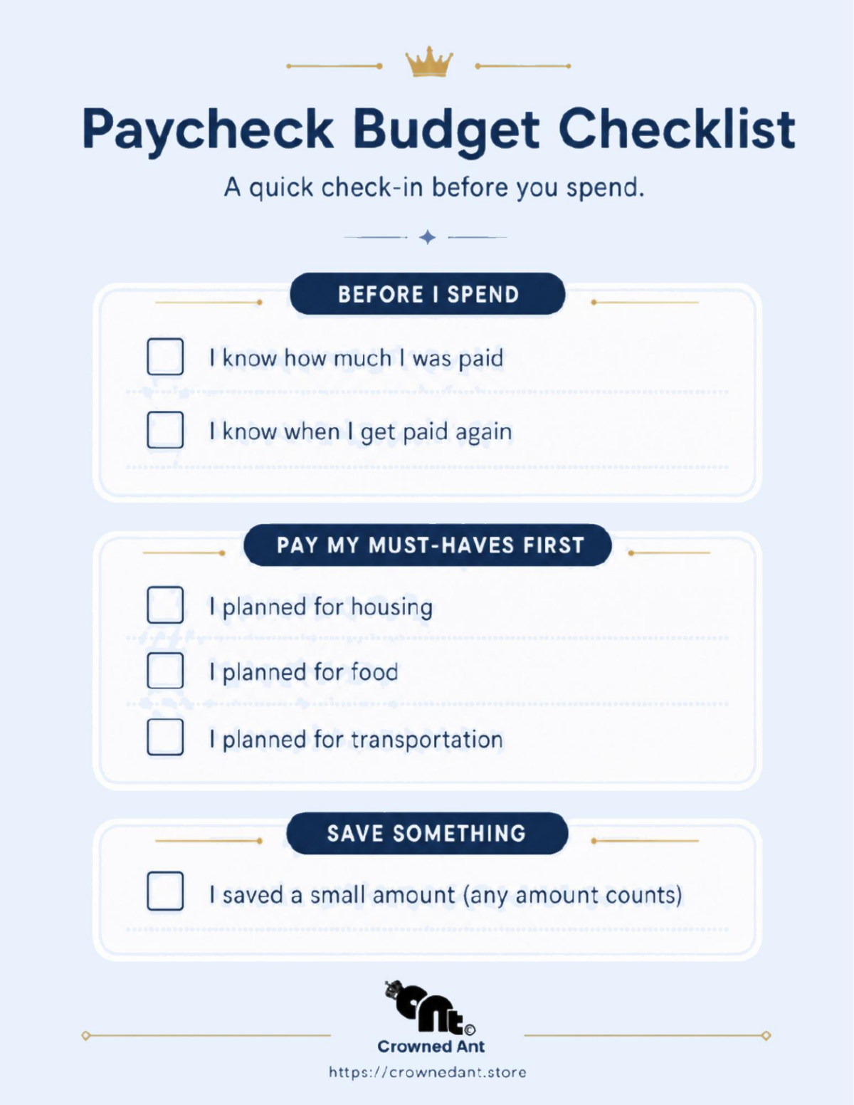 Crowned Ant Paycheck Budget Planner Printable PDF | Budget, Expense & Savings Tracker