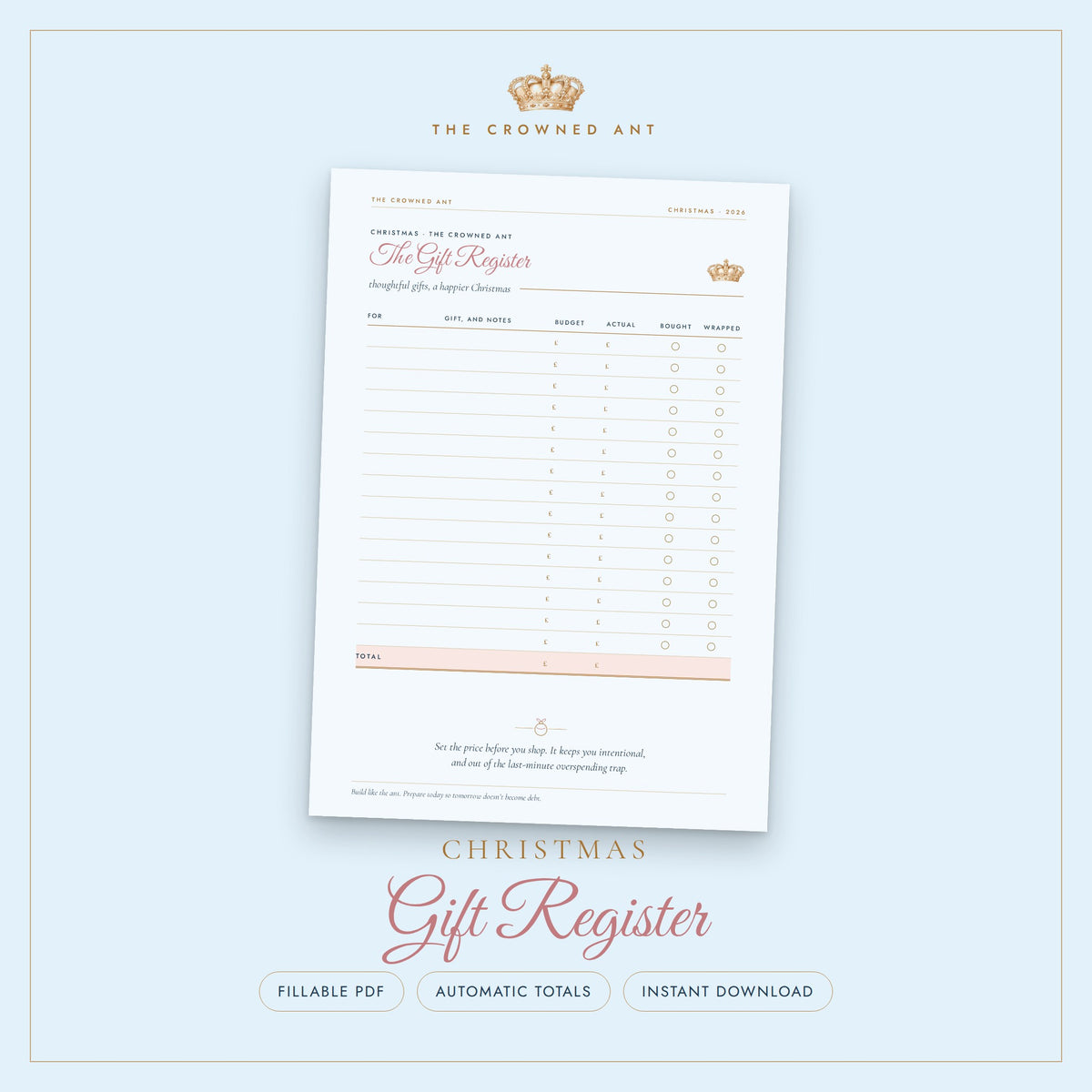 Christmas Gift Register | Fillable PDF Gift List with Automatic Totals