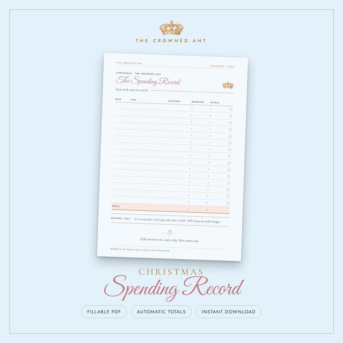 Christmas Spending Record | Fillable PDF Tracker with Automatic Totals