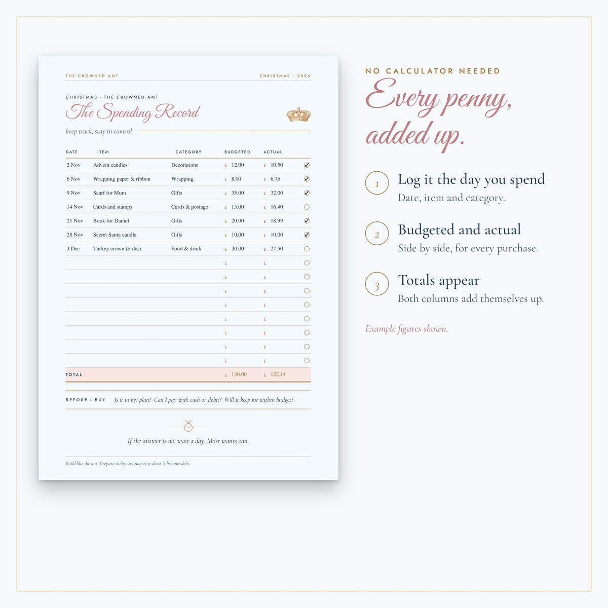 Christmas Spending Record | Fillable PDF Tracker with Automatic Totals