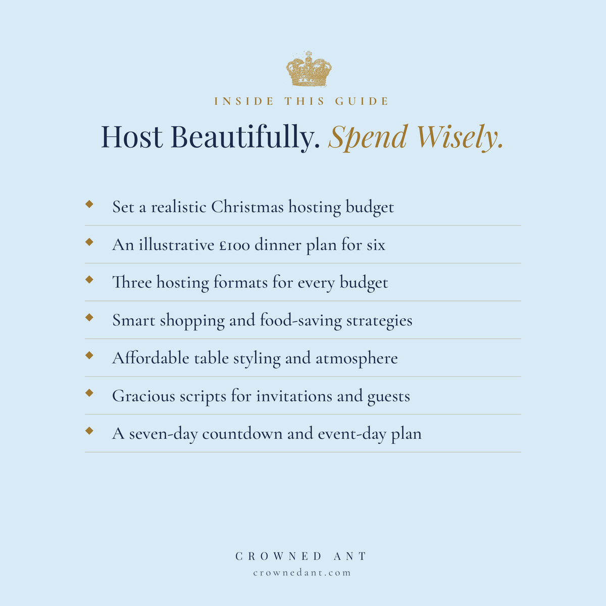 Host Beautifully. Spend Wisely.  The Frugal Christmas Hosting Manual. Elegant Christmas entertaining without the expensive price tag.
